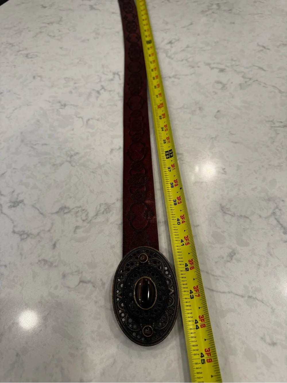 Fossil Brown Leather Belt L Embossed Boho Western Statement Buckle
